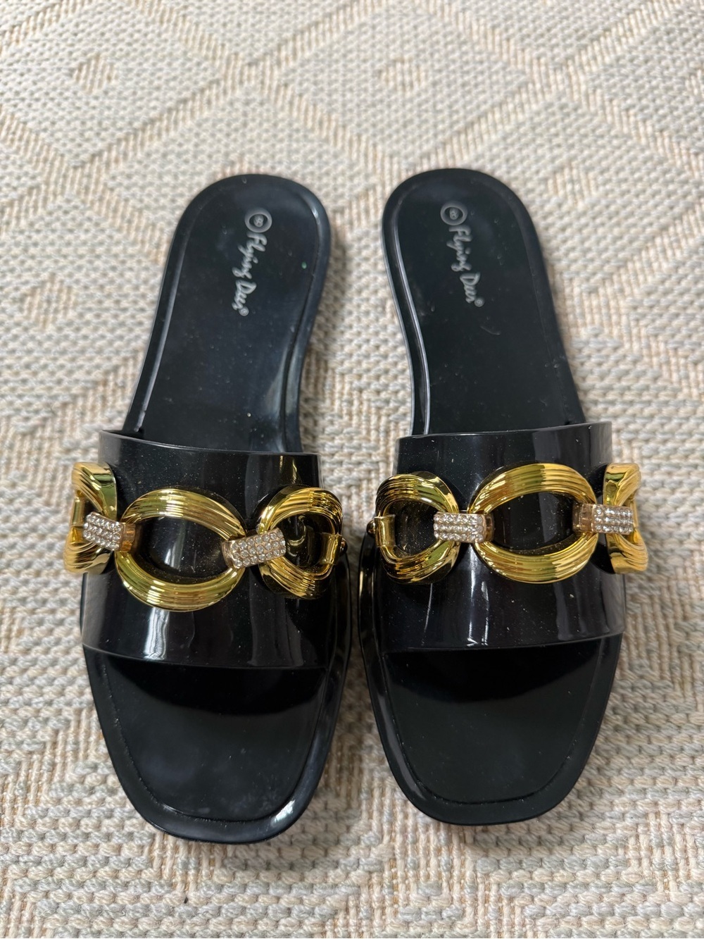Black Slip-On Sandals with Gold Chain Accent